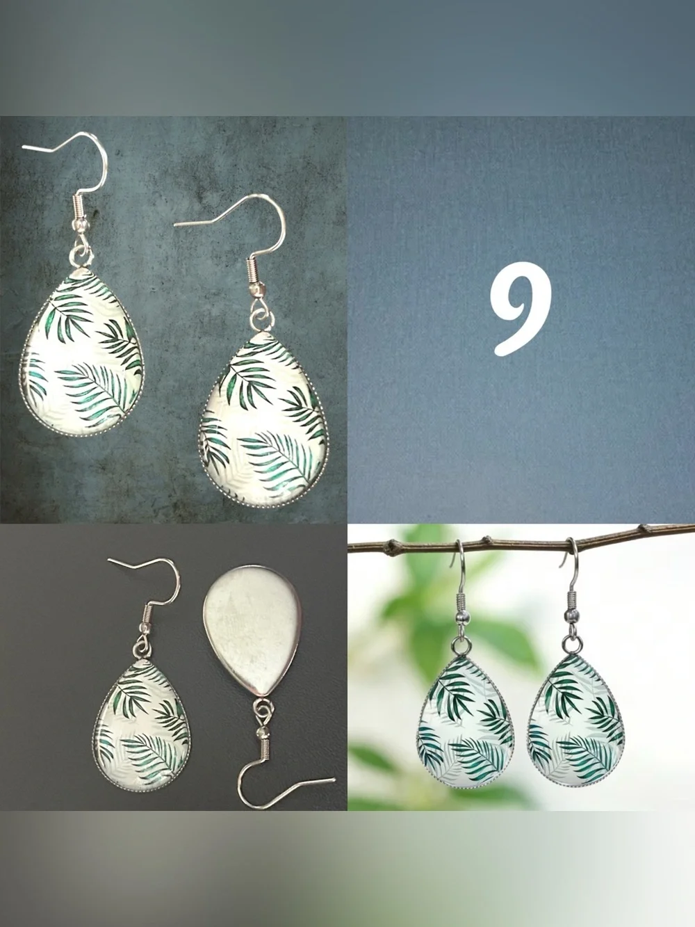 Glass Dome Teardrop Dangle Earrings Floral & Abstract Watercolor Cabochon Design